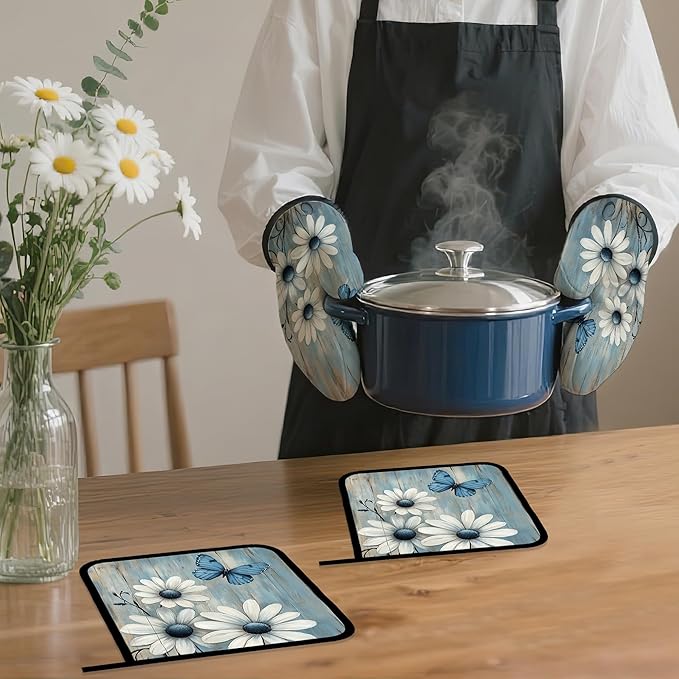 Blue Butterfly Oven Mitts and Pot Holders, Vintage Daisy Wooden Heat Resistant - Image 7