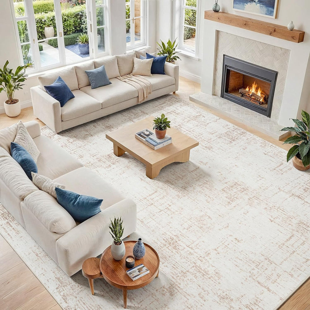 10x14 Area Rug for Living Room Bedroom: Non-Slip Modern Beige White