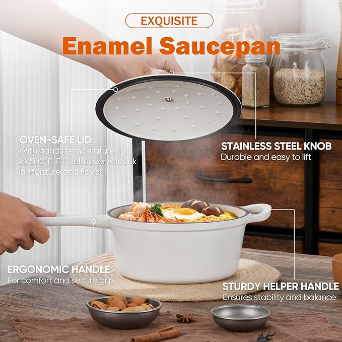 Homikit 3 Quart Saucepan with Lid, Enameled Cast Iron Saucepan