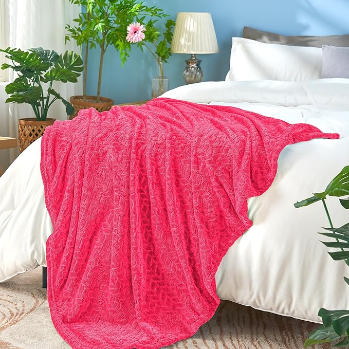 inhand Hot Pink Fleece Twin Blanket, Lightweight Leaves Pattern Fuzzy Blanket - Image 4