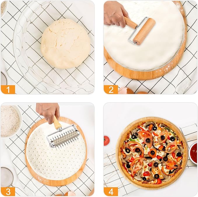 2Pcs Pizza Dough Roller & Dough Docker, Wood Rolling Pin Stainless Steel Dough - Image 2
