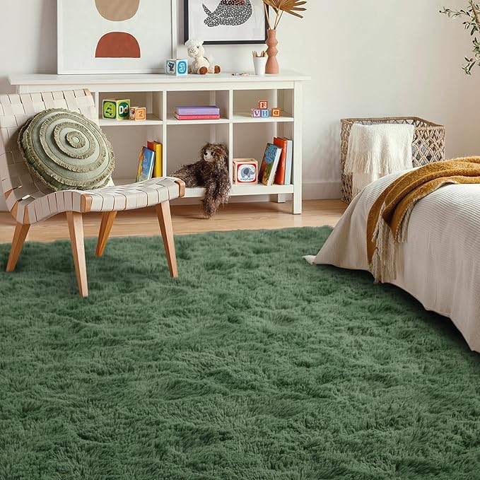 5x7 Ft Shag Green Area Rug for Bedroom Living Room, Ultra Soft Fluffy Furry - Image 3