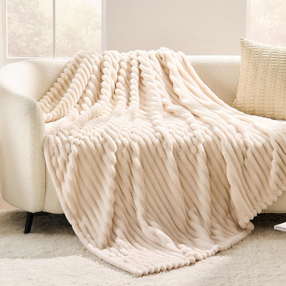 330GSM Ribbed Fleece Queen Blanket for Bed, Cream, 90"x90"