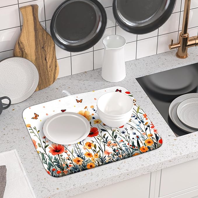 Poppy Flower Dish Drying Mat 16x18 Inch Floral Leaves Dish Drainer Protector - Image 6