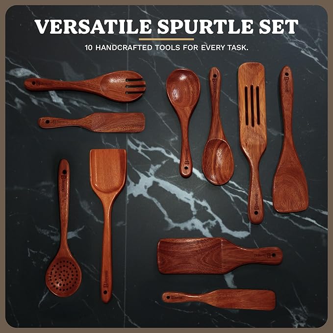 10Pcs Wooden Kitchen Utensil Set, Premium Natural Acacia Wood Cooking Utensils - Image 4