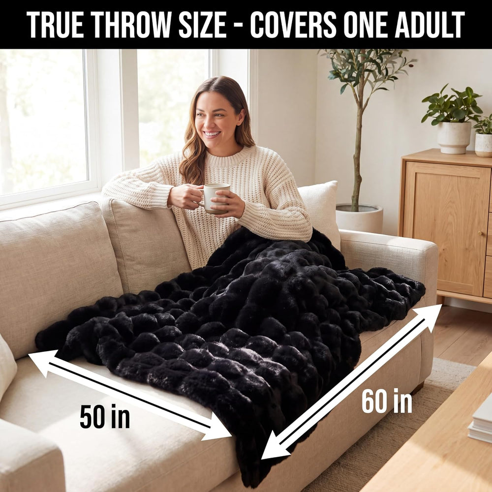 Soft Throw Blanket, 1000 GSM Faux Fur Bubble Blanket, Black 50x60