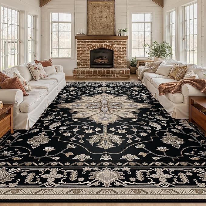 Area Rugs 10'x12' Washable Non-Slip, Floral Vintage Distress Print Pattern by RELEANY