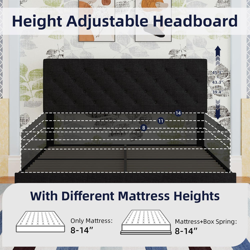 Full Size Platform Bed Frame with Button Tufted Headboard,Black