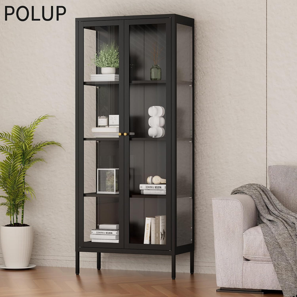 Polup 66" Black Glass Display Cabinet, 3-Side Clear View for Collectibles