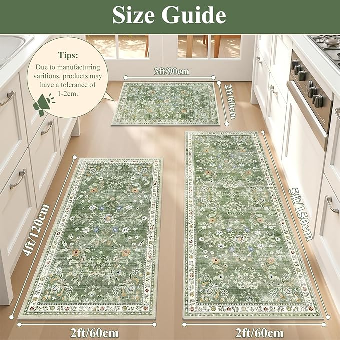 Yamaziot Washable Kitchen Rug Set of 3 – Non Slip Boho Floral Hallway Runner Rug
