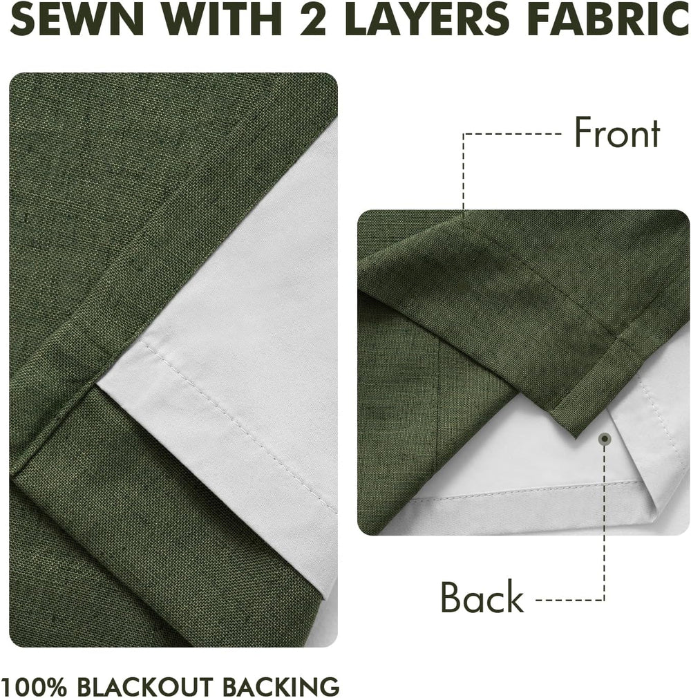 MIULEE Olive Green Pinch Pleated 100% Blackout Linen Curtains 40x96 Inches