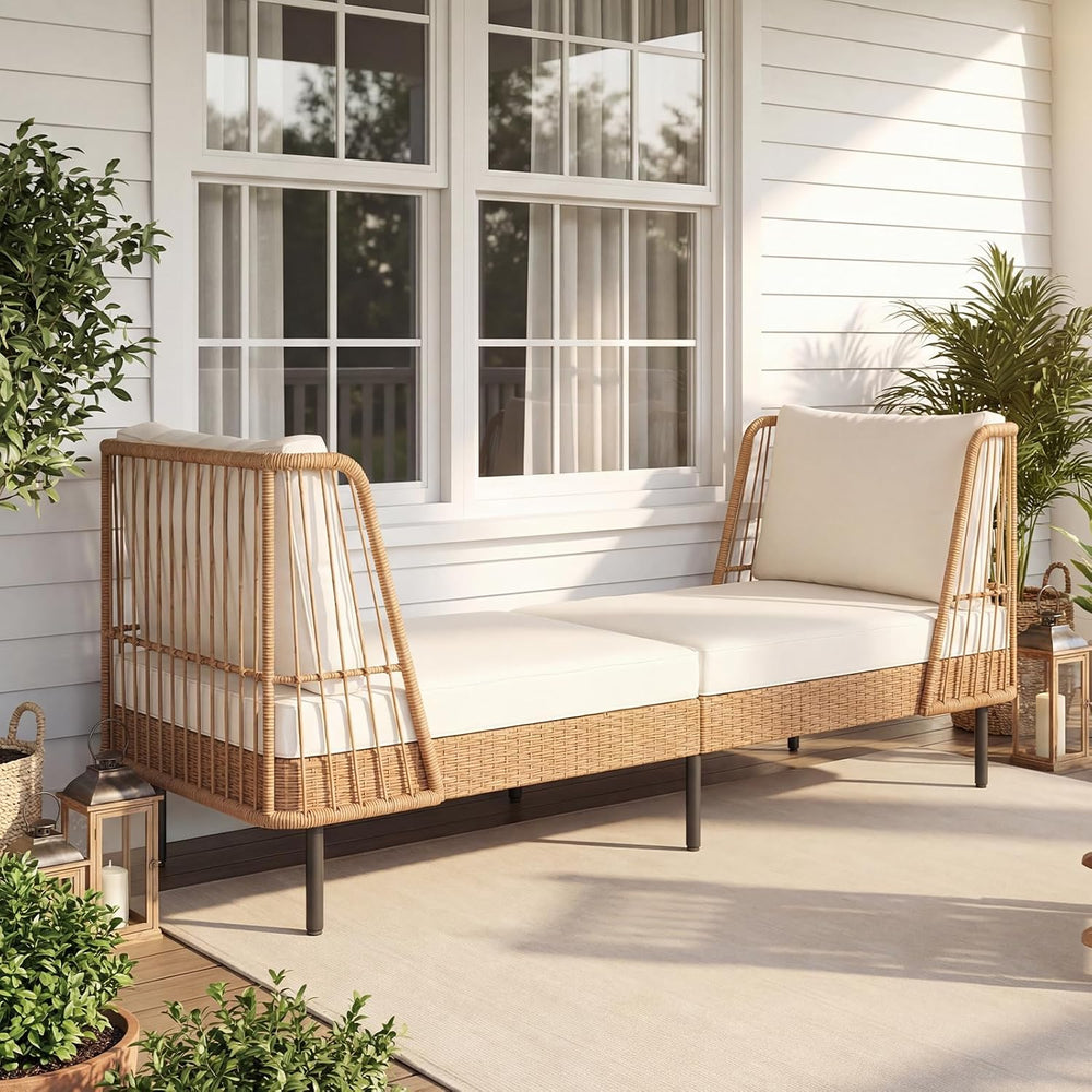HAPPYGRILL Outdoor Wicker Daybed, Rattan Patio Couch Sofa Bed with Armrests, ...