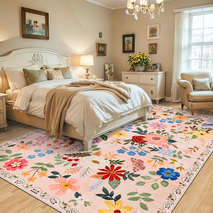 Area Rug Living Room Rugs: Floral 5x7 Washable Rug Vintage Soft Boho Non-Slip - Image 3