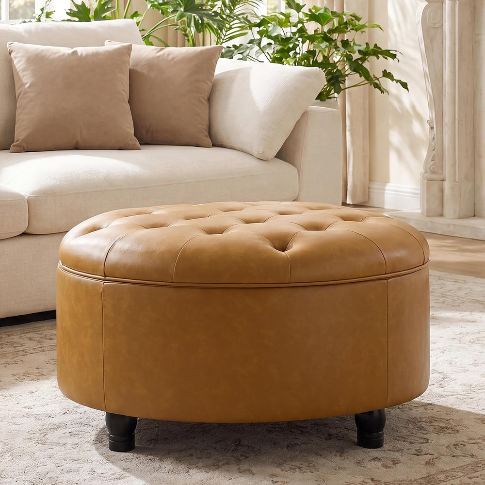 30-Inch Round Storage Ottoman, Leather Ottoman (Bright Orange) | Button Tufte...