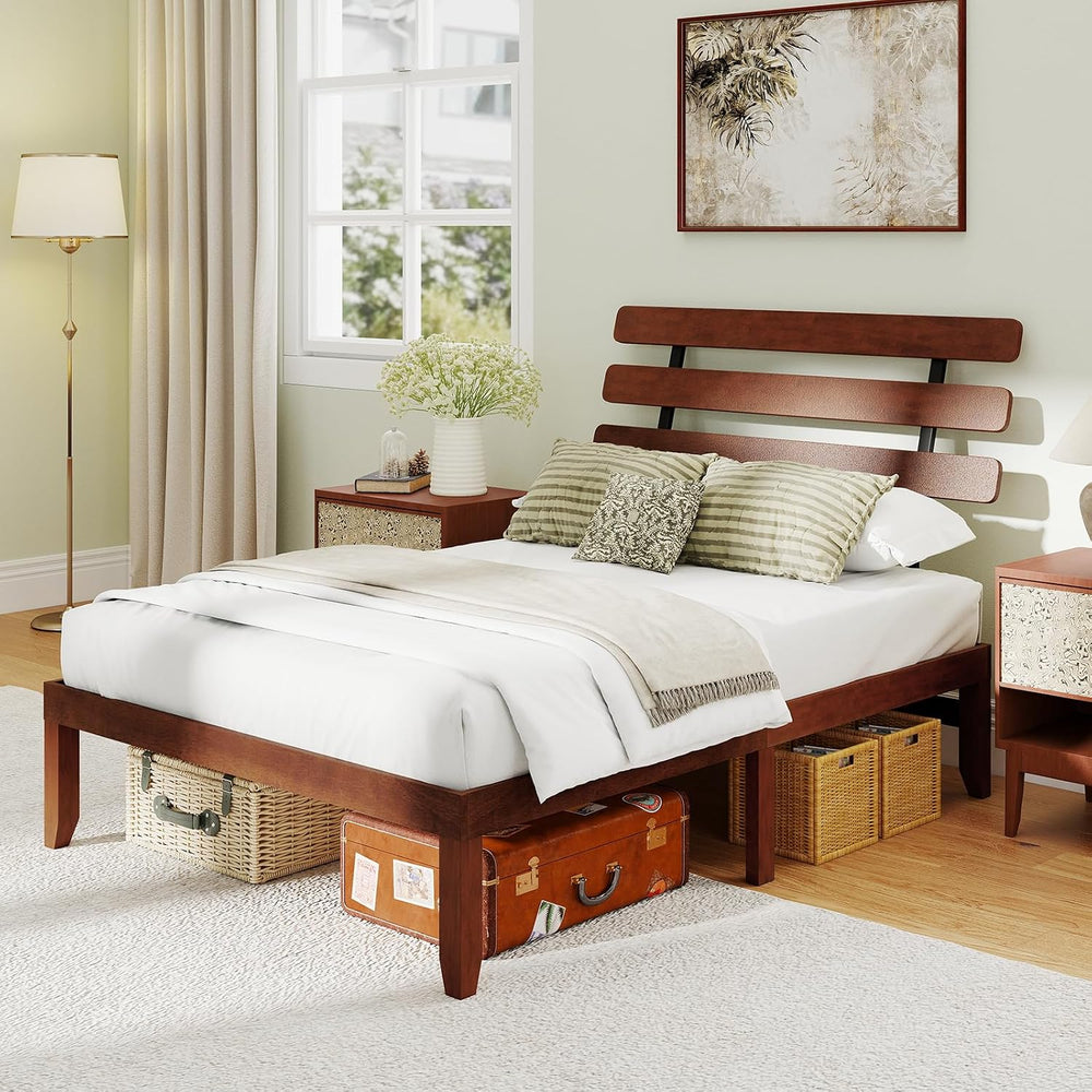 GIANTEX Full Size Platform Bed with Retro Headboard, Mid Century Modern Bed F...