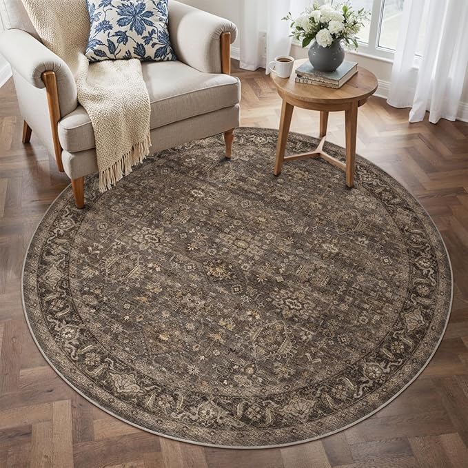 5x5 Washable Round Rug for Living Room Bedroom Vintage Brown Soft Low Pile - Image 3