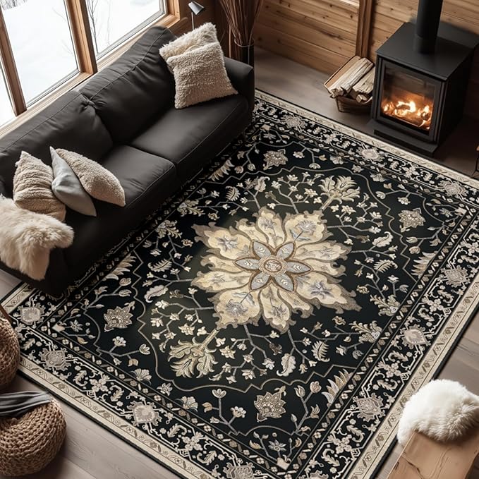 Area Rugs 7'x9' Washable Non-Slip, Floral Vintage Distress Print Pattern by RELEANY