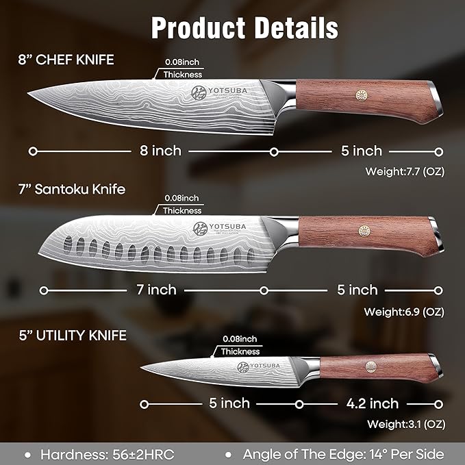 YOTSUBA 3 PCS Japanese Kitchen Knife Set, Razor Sharp High Carbon Stainless