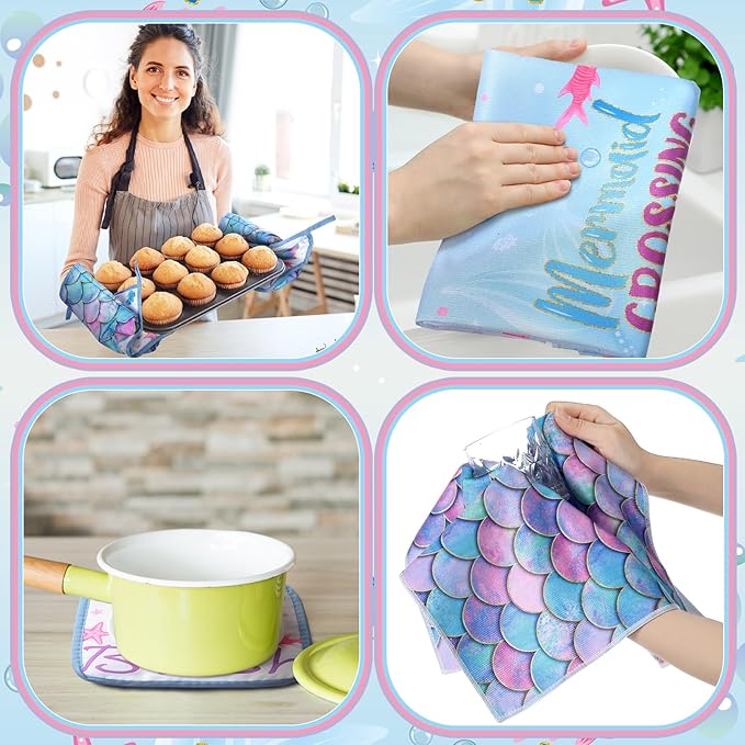 Fourluoo 10 Pcs Mermaid Kitchen Dish Towels Rugs Oven Mitts and Pot Holders Set - Image 6