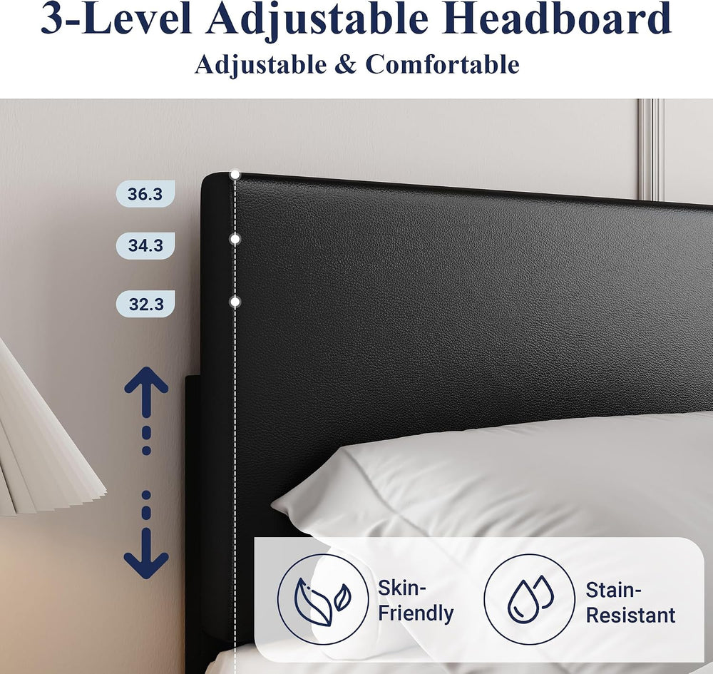Allewie Full Size Faux Leather Bed Frame, Adjustable Headboard, Black