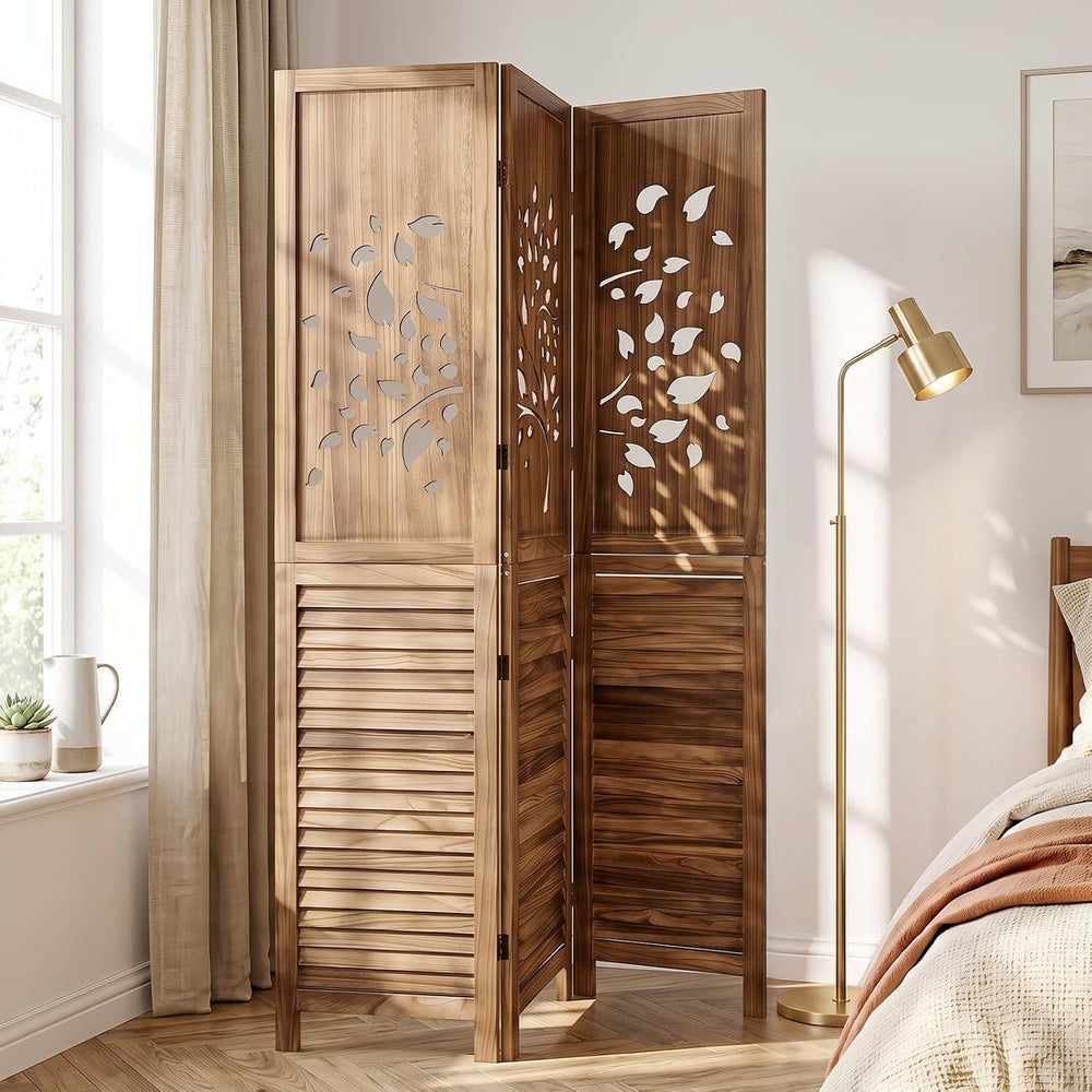 GIANTEX 3 Panel Folding Room Divider with Tree Leaf Cutout & Louvered Slats