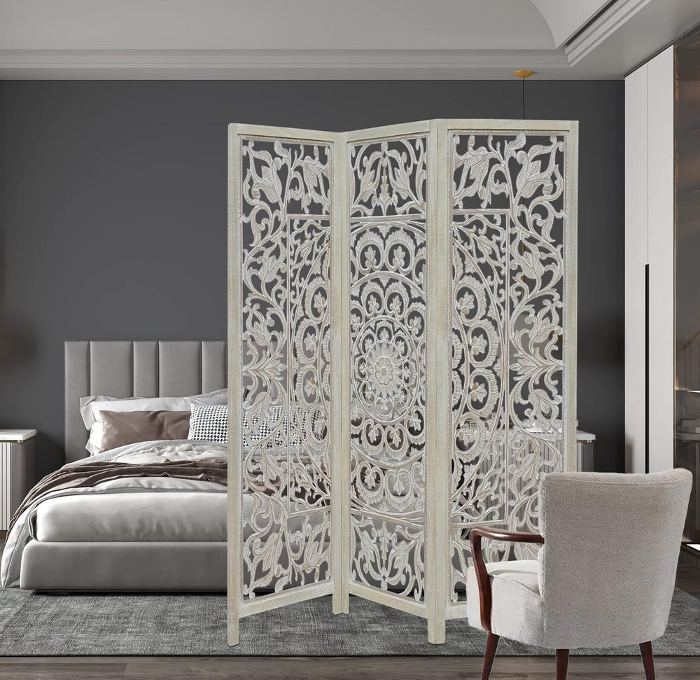 COTTON CRAFT Room Divider Wood Screen - Hand Carved Folding 3 Panels 60x72