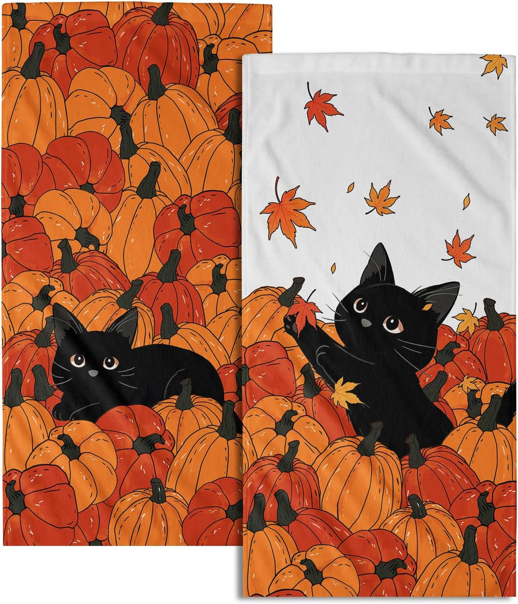 Fall Black Cat Pumpkins Bathroom Towels Set Autumn Leaves Hand Towels Thanksgiving Maple Leaves Kitchen Towels Pumpkin Harvest Dish Towels Absorbent Fingertip Towel for Hotel Beach Gym Spa 28x14 inch