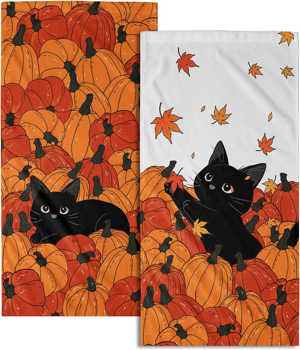 Fall Black Cat Pumpkins Bathroom Towels Set Autumn Leaves Hand Towels Thanksgiving Maple Leaves Kitchen Towels Pumpkin Harvest Dish Towels Absorbent Fingertip Towel for Hotel Beach Gym Spa 28x14 inch