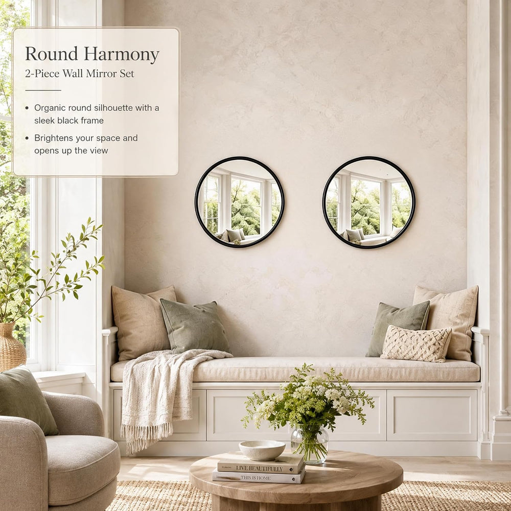 12"x12" Round Decorative Wall Mirror, 2 Pack Metal Framed Real Glas...