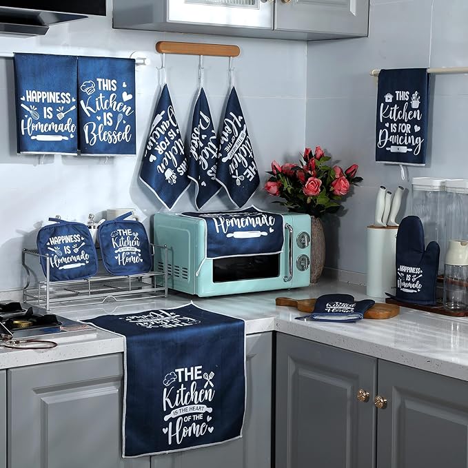 12 Pcs Farmhouse Kitchen Decor Sets 4 Blue Kitchen Hand Towels 4 Dish Clothes 2 - Image 7
