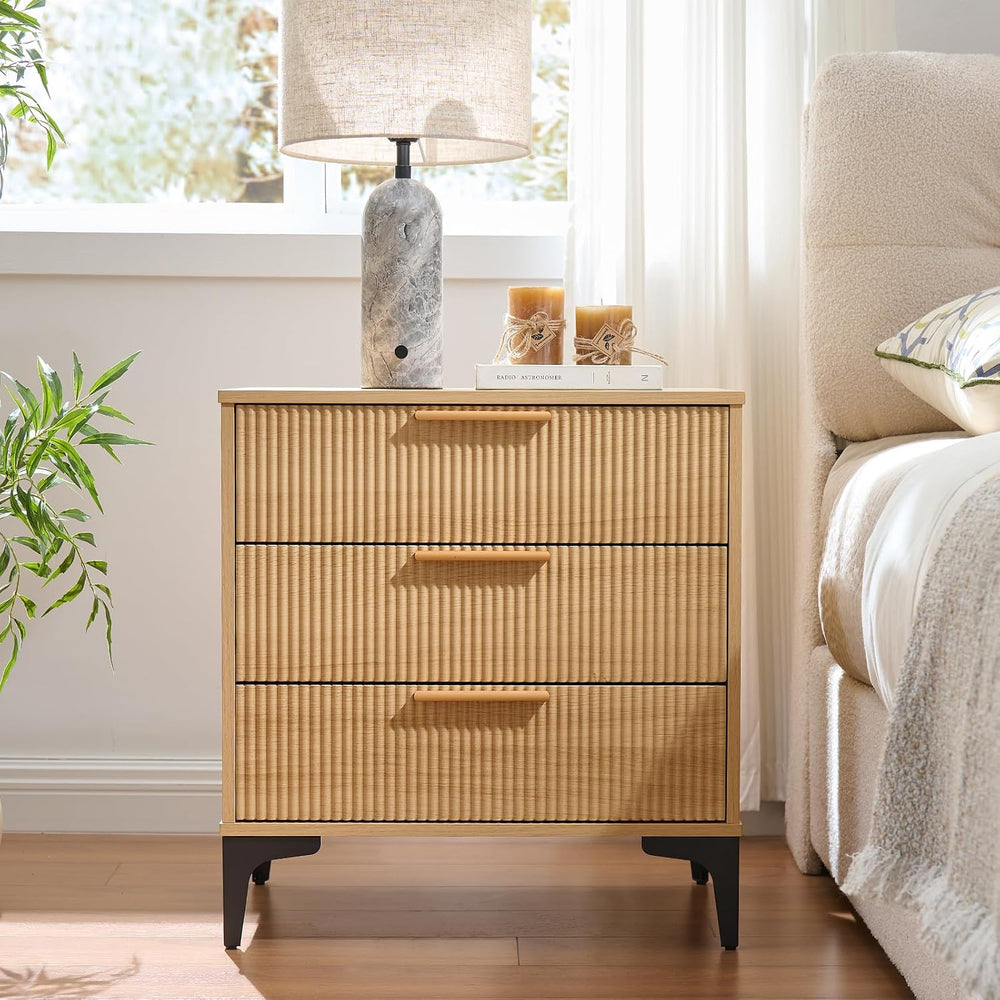Fluted Nightstand, 23" Wide Accent Side Table with 3 Large Storage Drawers