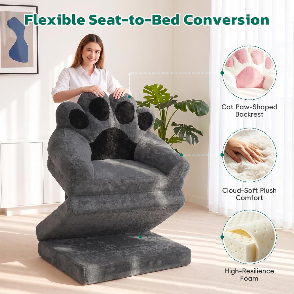 Folding Sofa Bed, 2-in-1 Convertible Sleeper Chair with Cat Paw Backrest, Fol...