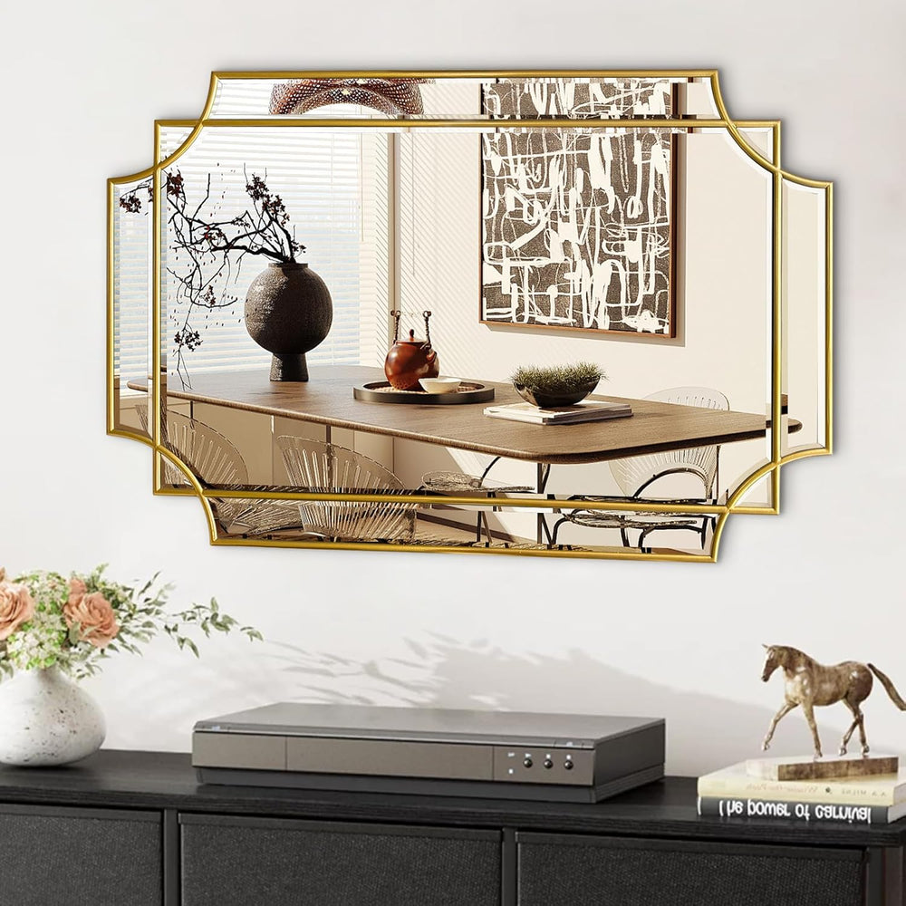 Gold Mirror for Wall, 36x24 Gold Wood Framed, Scalloped Beveled Polished Rect...
