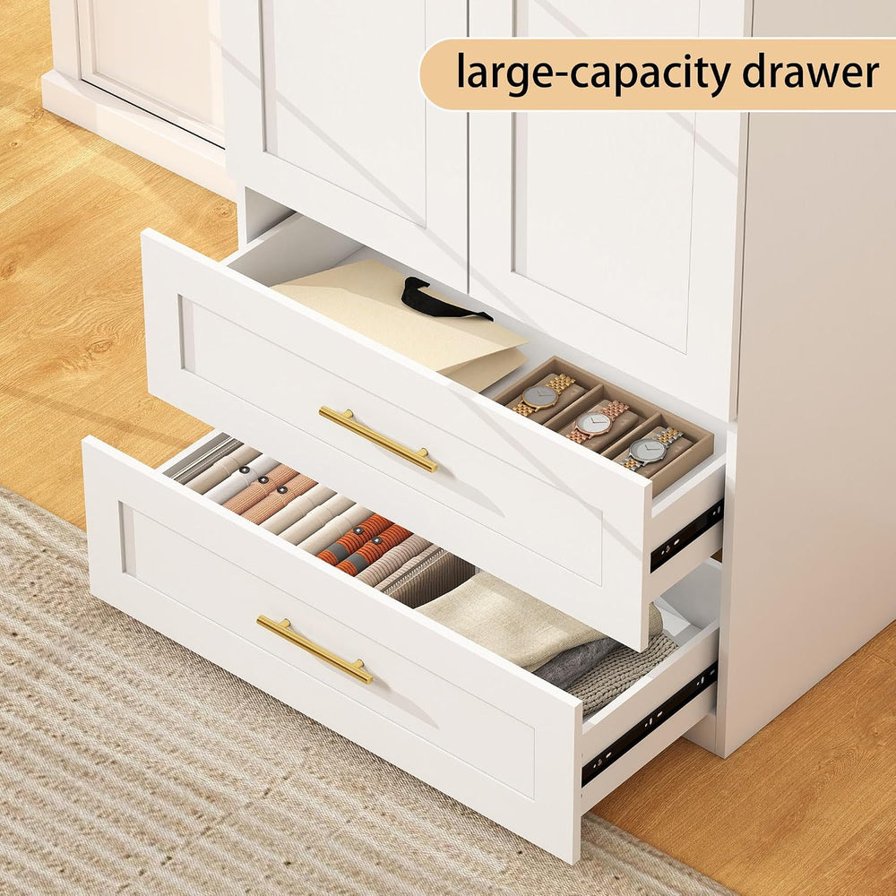 White Wardrobe with 4 Doors and 4 Drawers，75" Tall x 63" Wide