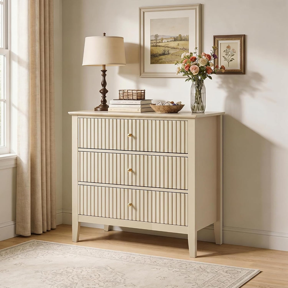 RoyalCraft Fluted 3 Drawer Dresser, 32" Wide Nightstand for Bedroom, Beige
