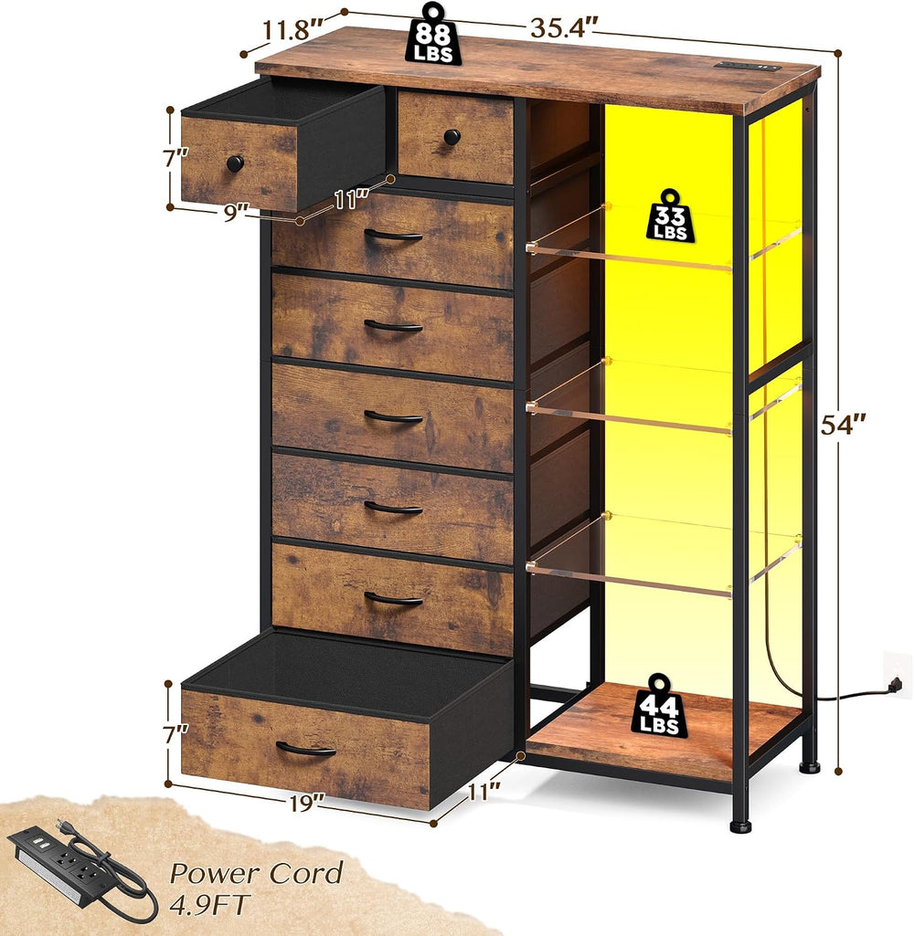 EnHomee Dresser with LED Lights & Power Outlets, 8 Drawers, 54" H, B...