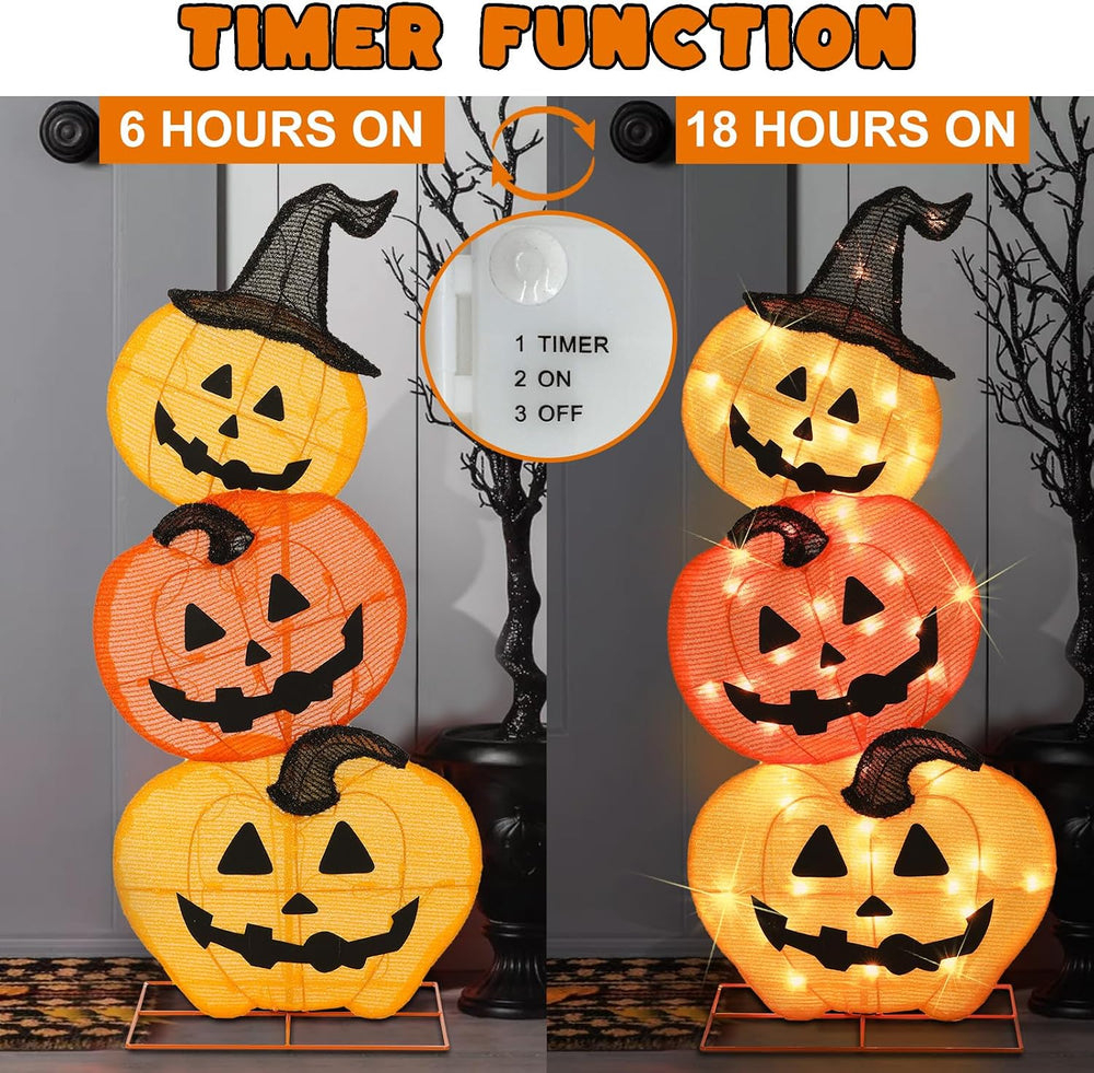 Halloween Lighted Stacked Pumpkins Decoration, Pre-Lit with 50 Warm White Lig...