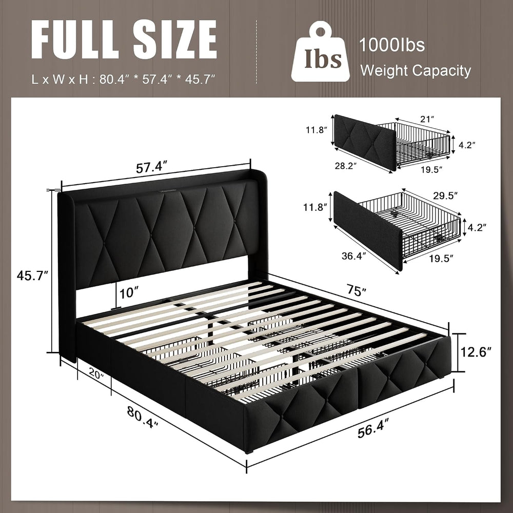Einhomn Full Size Bed Frame with 4 Storage Drawers and Charging Station, Upho...