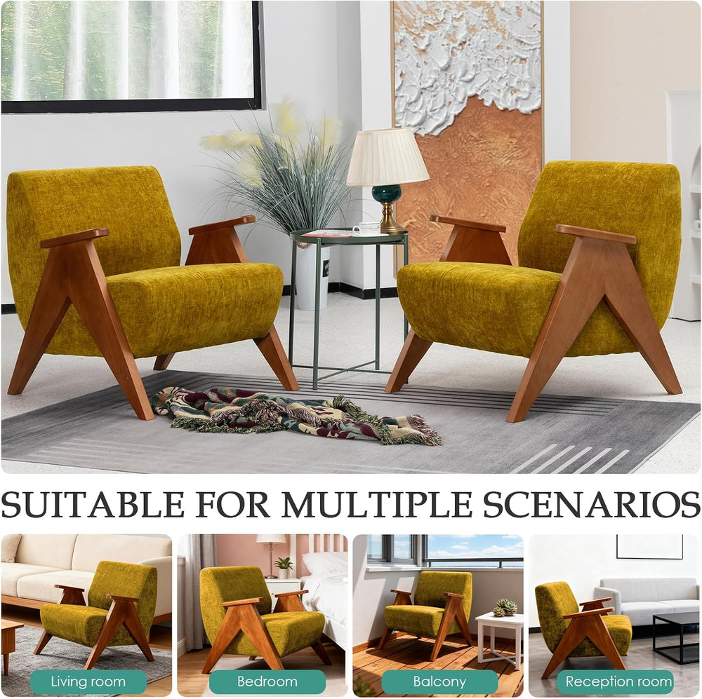2 Pcs Home Accent Chair Mid Century Modern Accent Chair with Wood Frame, Loun...