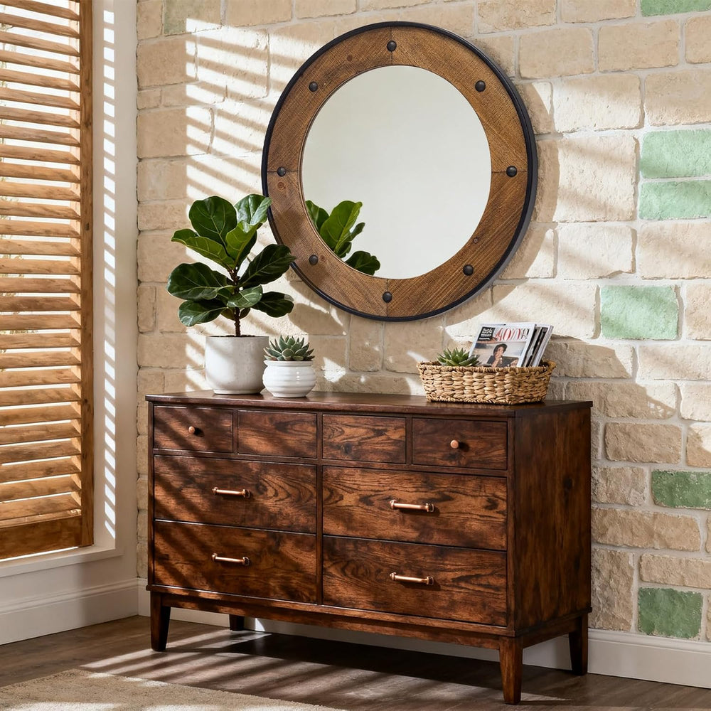 Rustic Round Wall Mirror 24 Inch, Natural Wood Frame with Black Metal Trim, I...