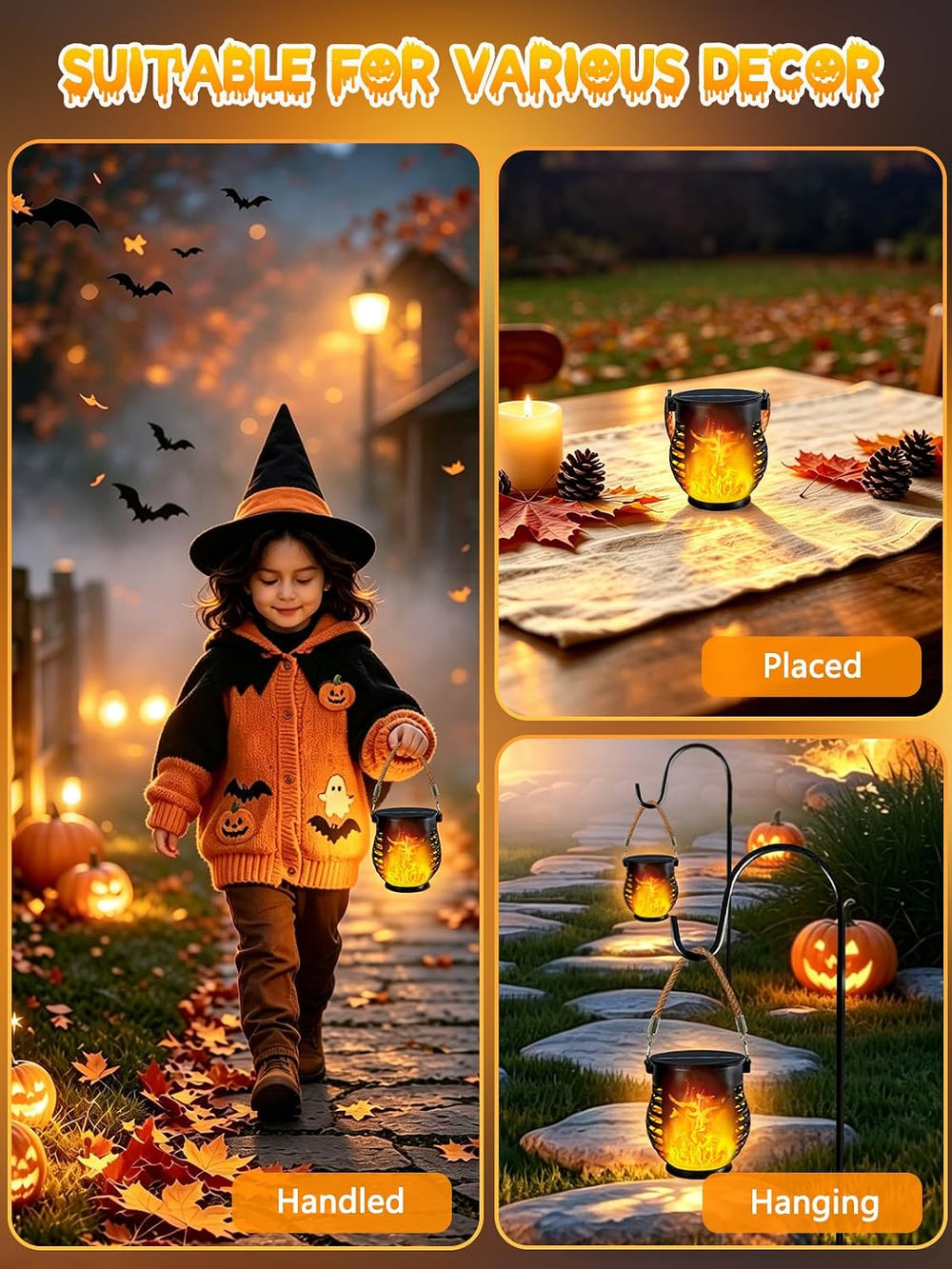 4 Pack Solar Lanterns Outdoor Waterproof Flickering Flame Halloween Lights