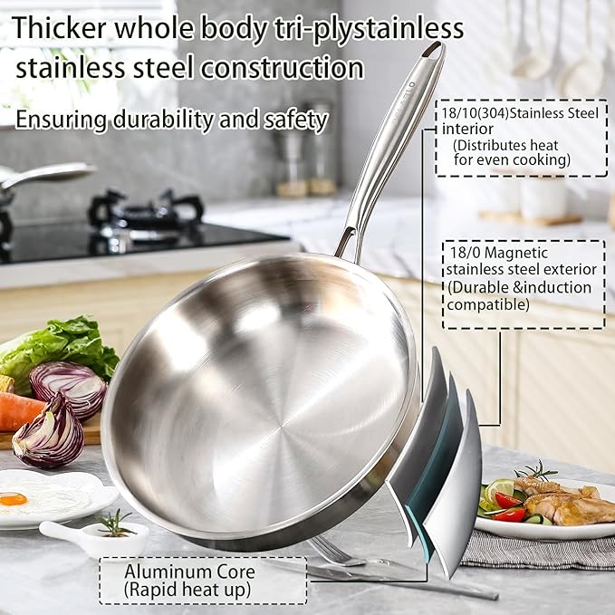 DELARLO Stainless Steel Pan 10.3Inch, Tri-ply Stainless Steel Frying Pan