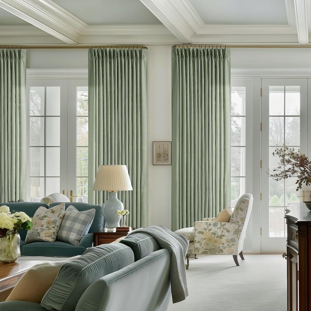 Pinch Pleated Sage Green Thick Linen Curtains 96 Inch Length 2 Panels Set
