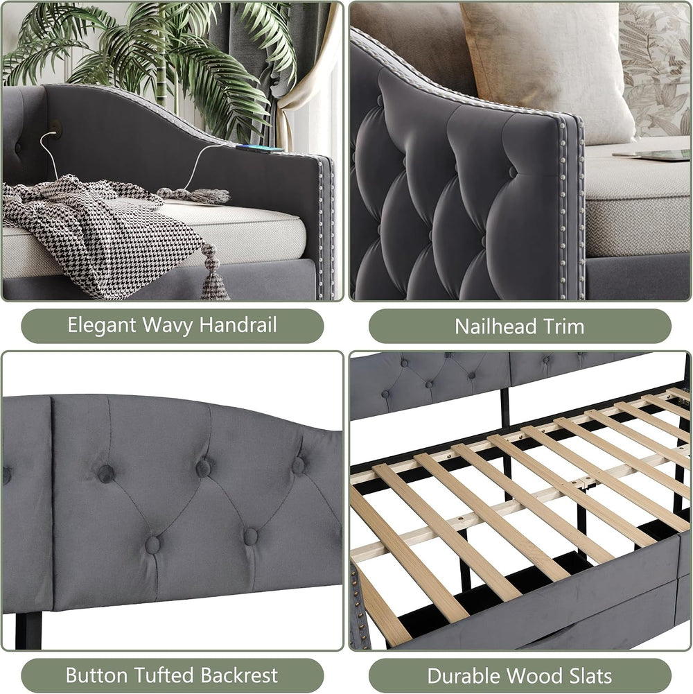 Full Size Daybed with Storage Drawers, Upholstered Daybed