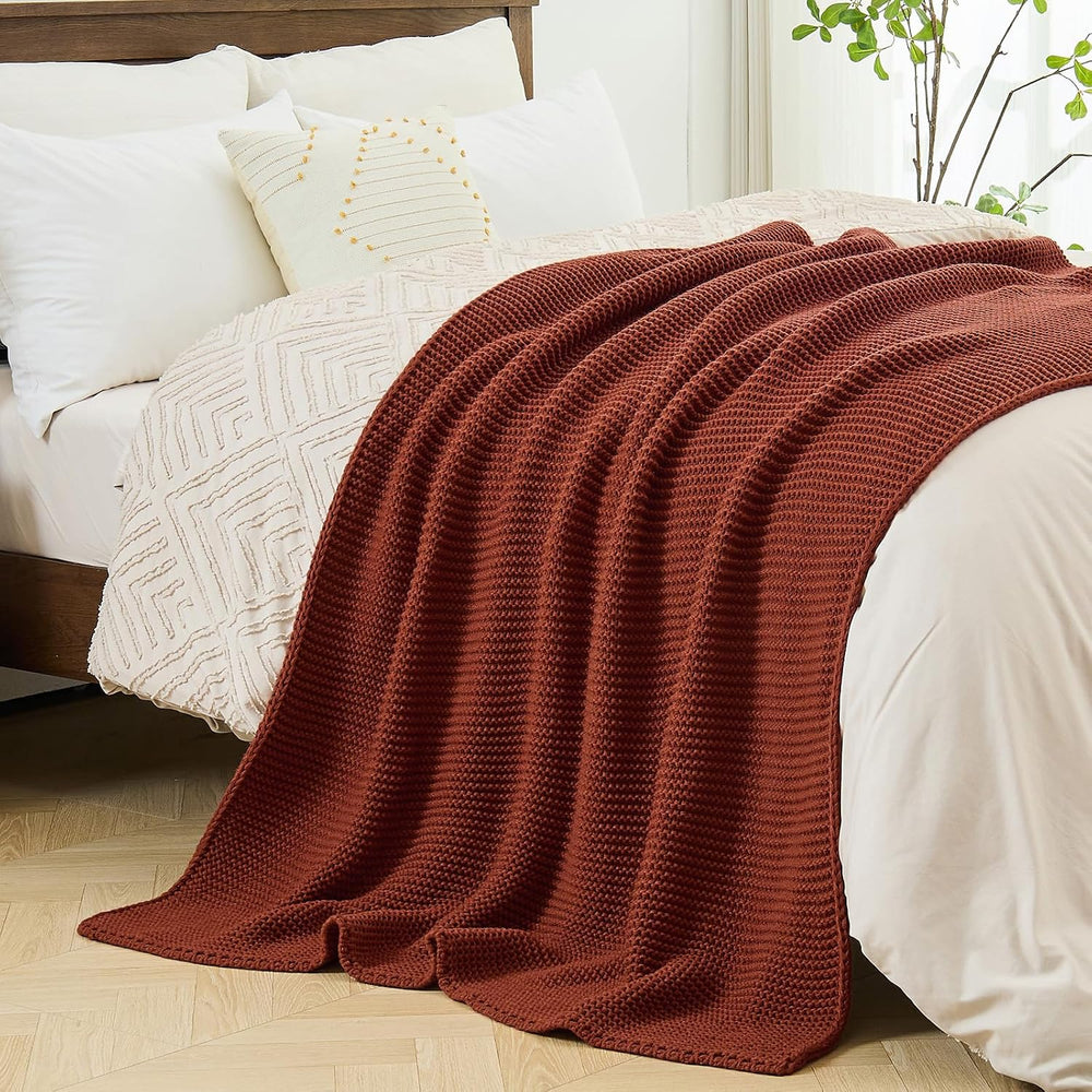 Rust Throw Blanket, Garter Knit, 60" x 80", Rustic Red Orange