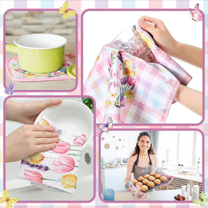 Fourluoo 10 Pcs Spring Flower Farmhouse Kitchen Decor Set Dish Towels Kitchen
