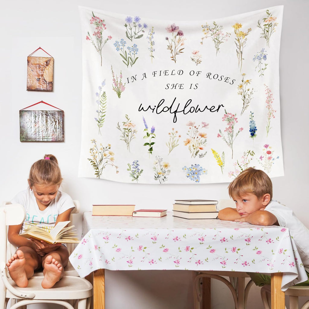 WARDOS Boho Floral Tapestry, in a Field of Roses She Is a Wildflower Tapestry Wall Hanging, Boho Wildflower Wall Blanket Decor for Baby Girls Room Toddler Nursery Bedroom, 50x60 Inch