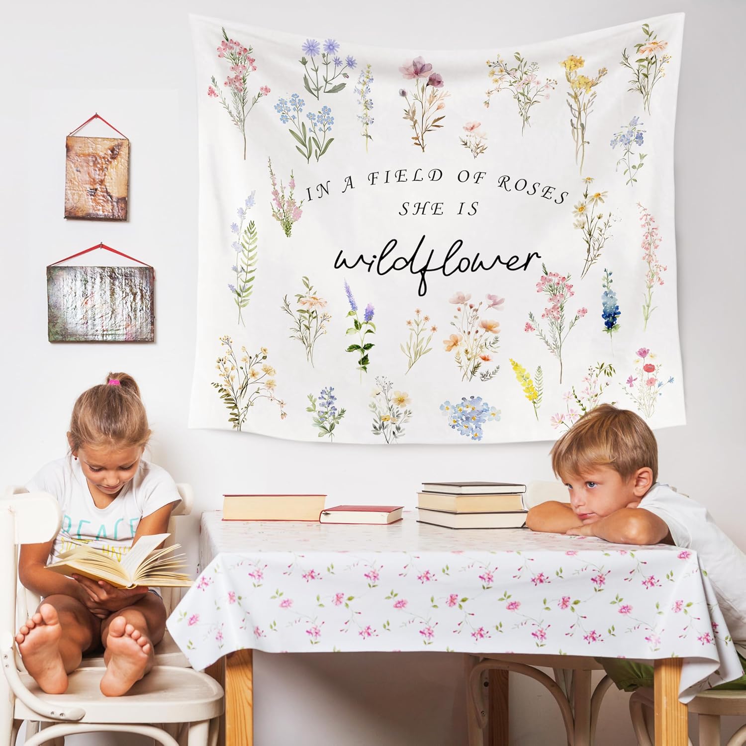WARDOS Boho Floral Tapestry, in a Field of Roses She Is a Wildflower Tapestry Wall Hanging, Boho Wildflower Wall Blanket Decor for Baby Girls Room Toddler Nursery Bedroom, 50x60 Inch