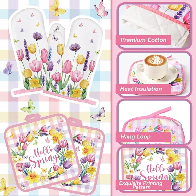 Fourluoo 10 Pcs Spring Flower Farmhouse Kitchen Decor Set Dish Towels Kitchen