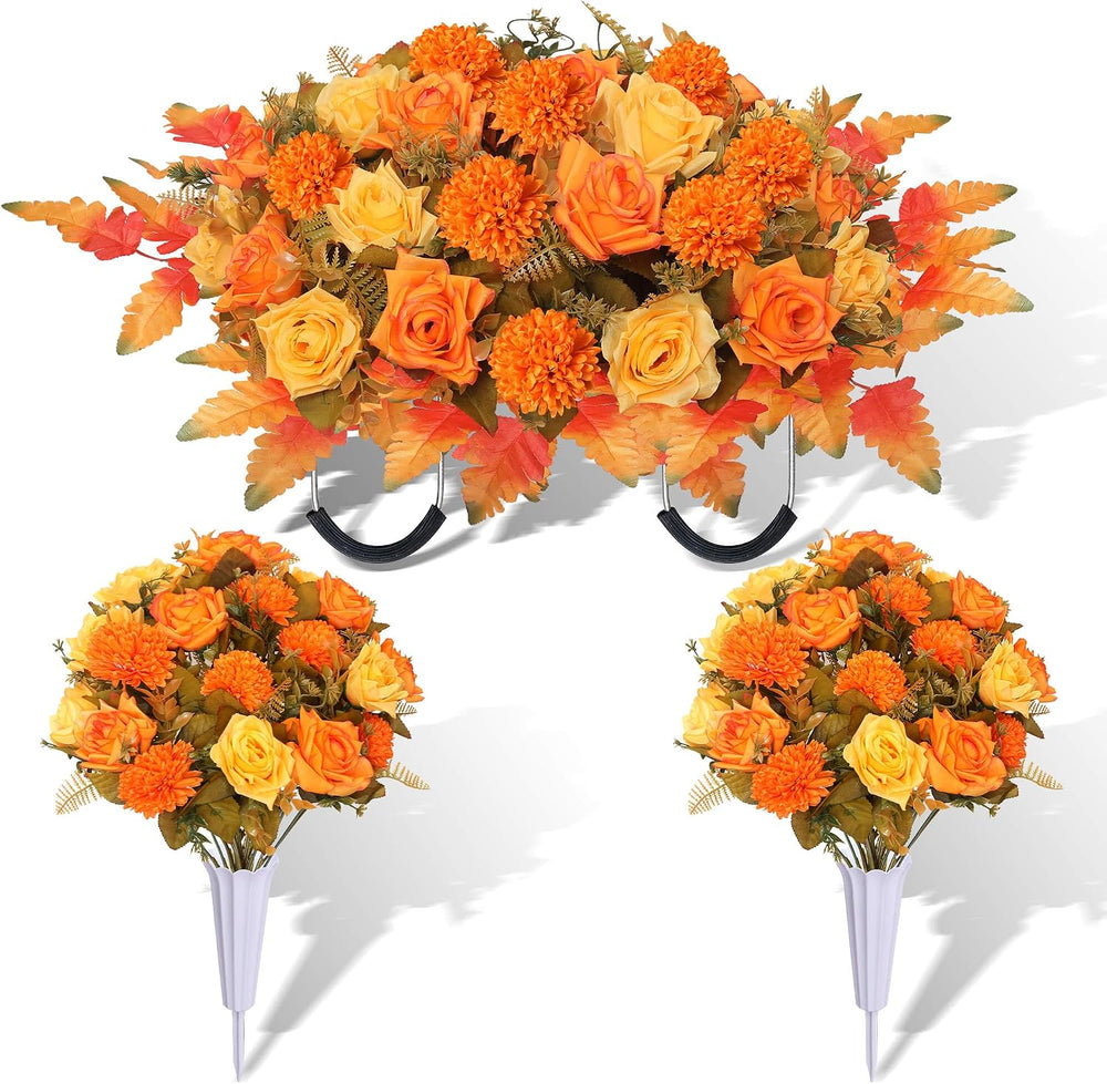 Lodou 3 Piece Cemetery Flowers Set – Large Headstone Floral Saddle Artificial...